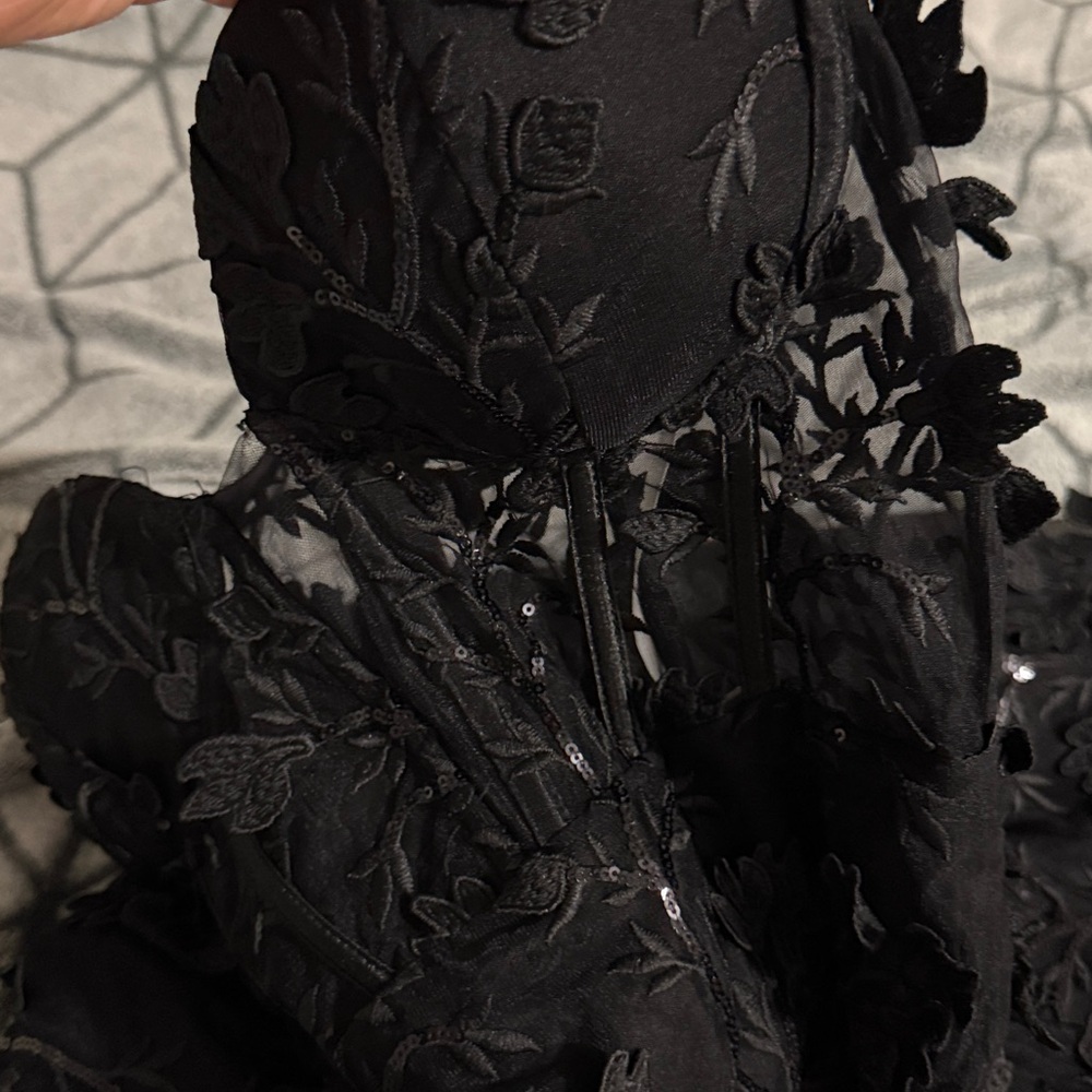 MIDNIGHT SPARKLE BLACK EMBROIDERED FEATHER BUSTIER MAXI DRESS - Picture 10 of 10